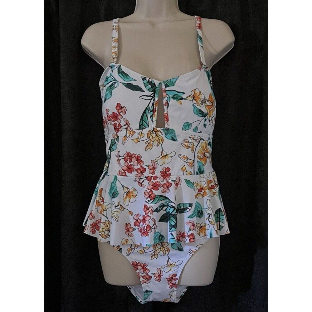 Tropical Floral Print Peplum Multiway One-Piece Swimwear XL Unbranded